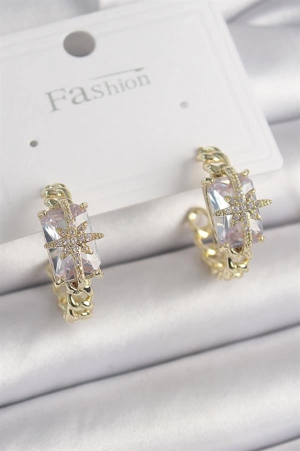 Pirinç Gold Renk Zirkon Taşlı Kutup Yıldızı İşlemeli Kadın Küpe