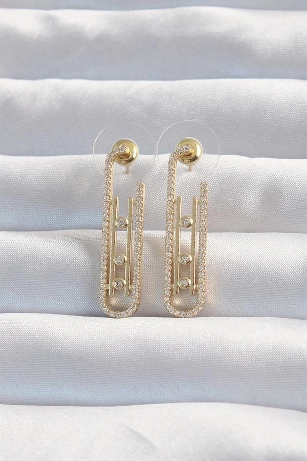 Pirinç Gold Renk Zirkon Taşlı Messika Küpe