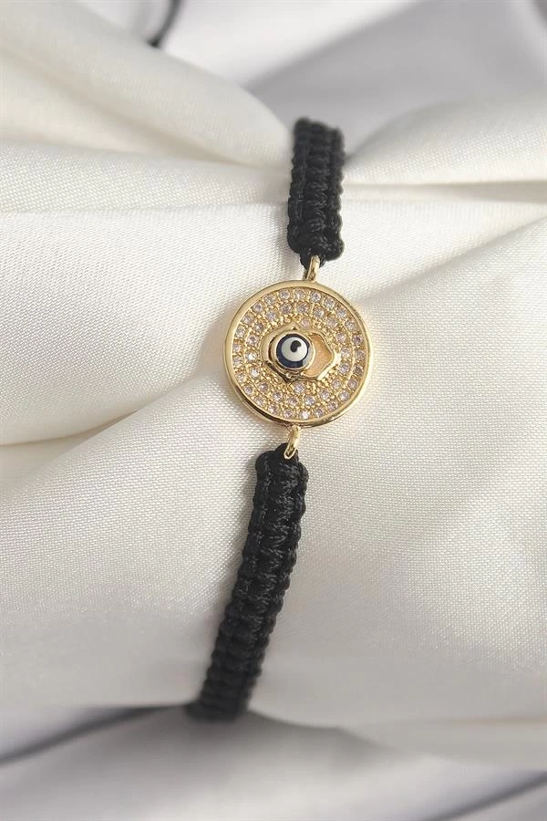 Pirinç Gold Renk Zirkon Taşlı Nazar Boncuk İşleme Makrome Asansörlü Model Kadın Bileklik