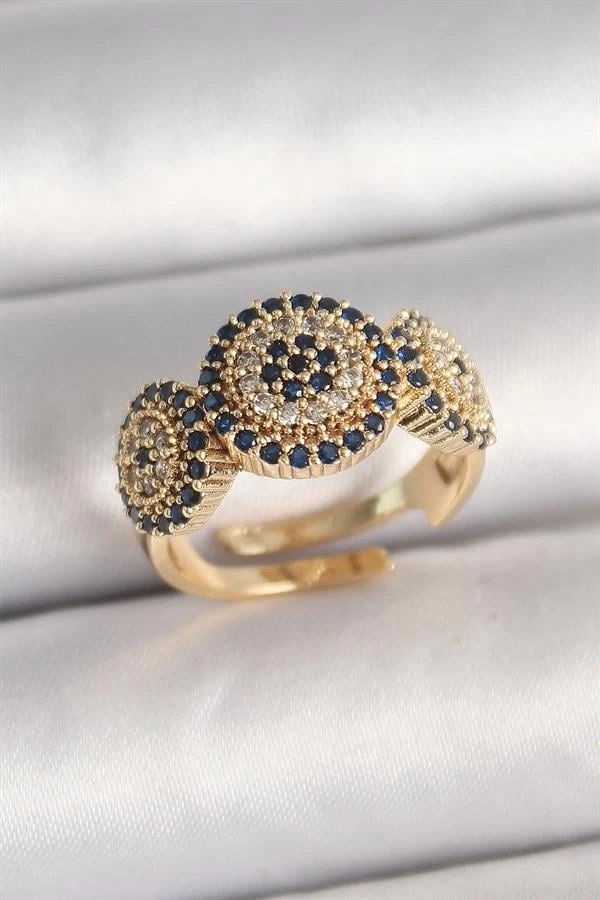 Pirinç Gold Renk Zirkon Taşlı Nazar Boncuk Model Ayarlanabilir Model Kadın Yüzük