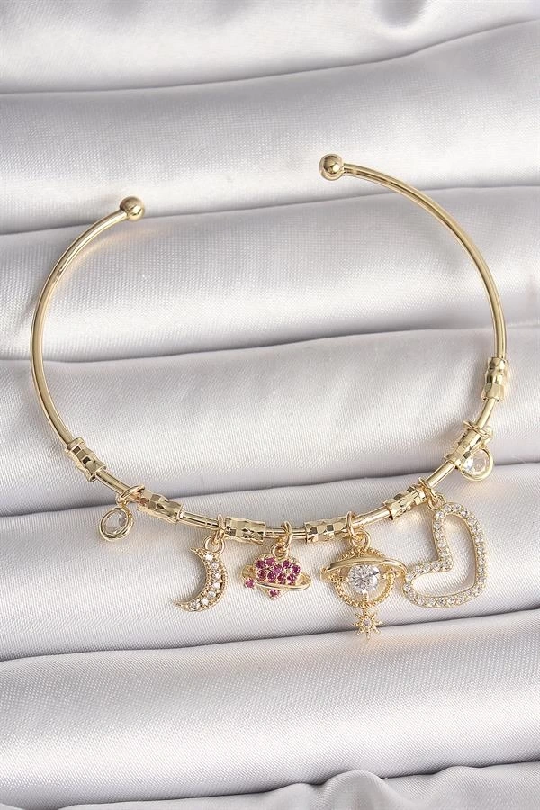 Pirinç Gold Renk Zirkon Taşlı Sallantı Gezegen Model Yıldız Detay Charm Kadın Bileklik