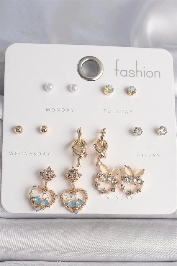 Pirinç Gold Renk Zirkon Taşlı SAllantı Kalp Düğüm Figür 7 Çift Kadın Küpe Seti