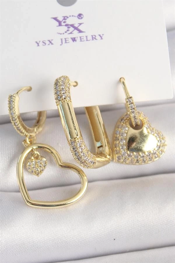 Pirinç Gold Renk Zirkon Taşlı Sallantı Kalp Model 3Lü Kadın Kombin Küpe