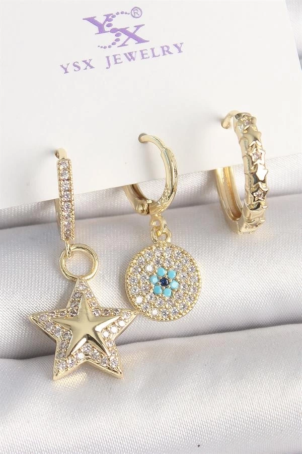 Pirinç Gold Renk Zirkon Taşlı Sallantı Yıldız Model Nazar Boncuk Detay 3Lü Kadın Kombin Küpe