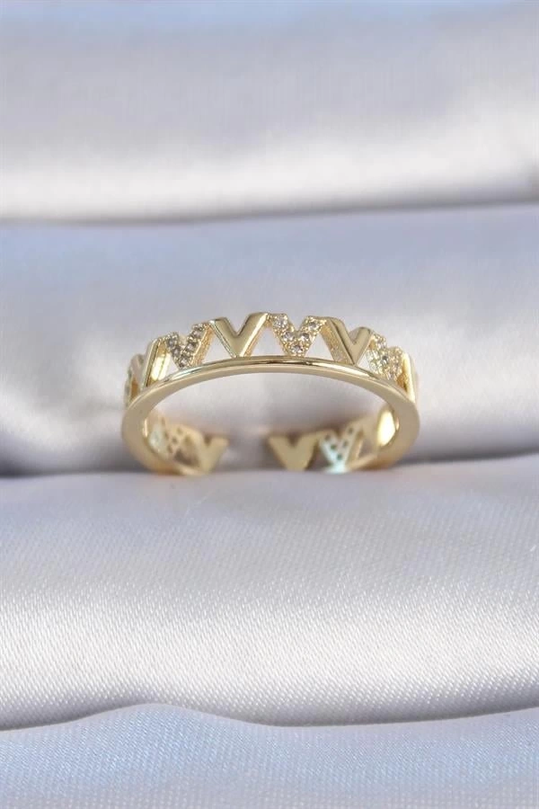 Pirinç Gold Renk Zirkon Taşlı V Model Kadın Yüzük