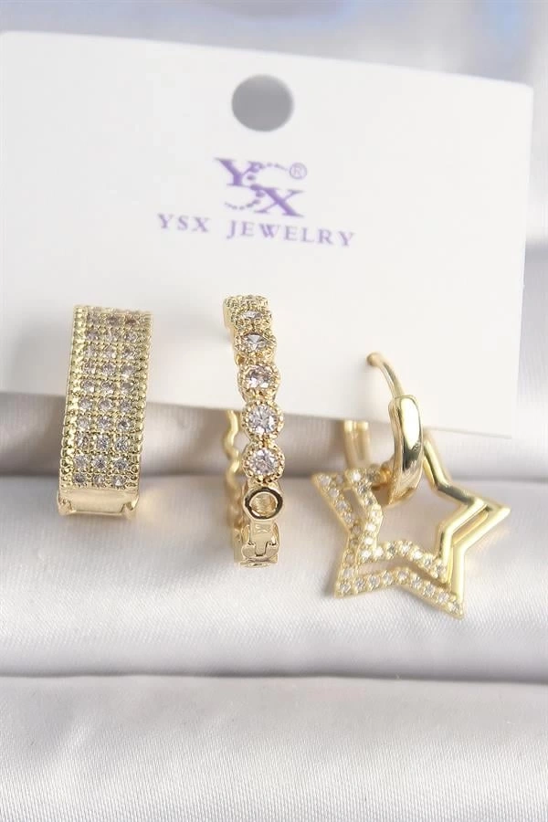 Pirinç Gold Renk Zirkon Taşlı Yıldız Figür Halka Model 3Lü Kadın Kombin Küpe