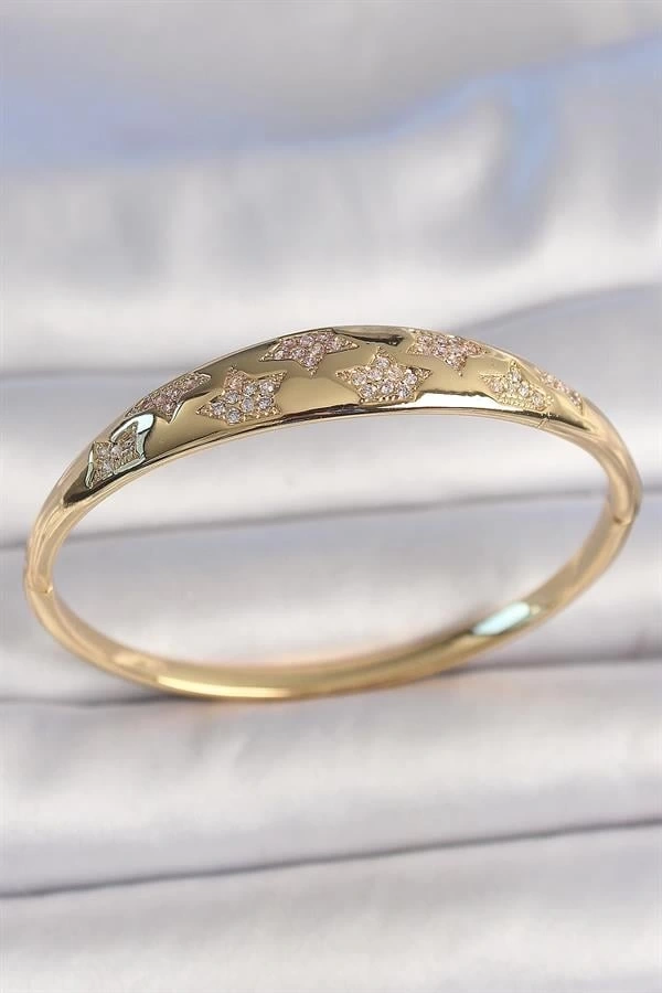 Pirinç Gold Renk Zirkon Taşlı Yıldız İşlemeli Kadın Kelepçe
