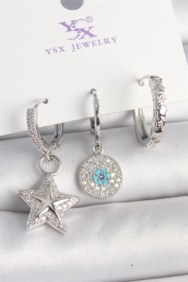 Pirinç Gold Renk Zirkon Taşlı Yıldız Model Nazar Boncuk Detay 3Lü Kadın Kombin Küpe