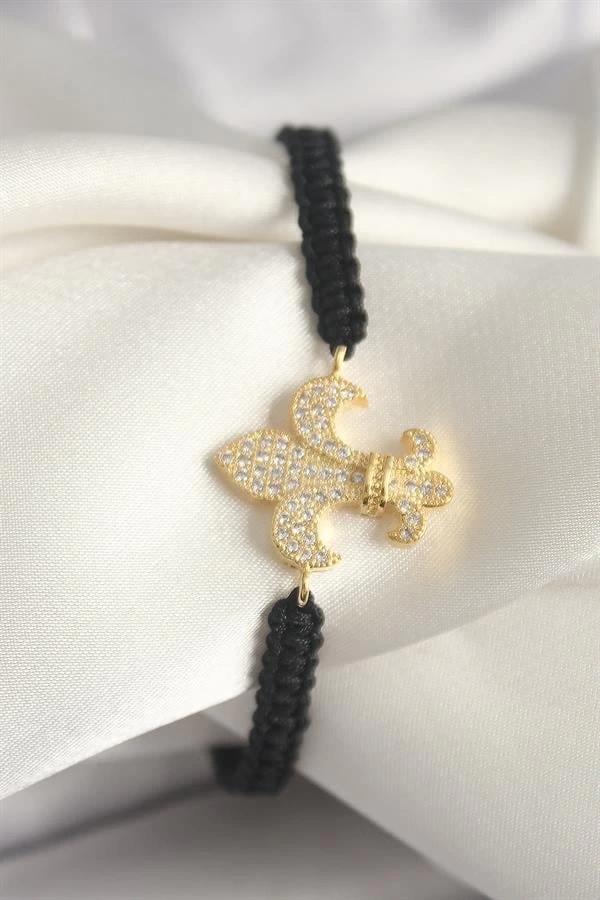 Pirinç Gold Renk Zirkon Taşlı Zambak Figür Asansörlü Makrome Model Kadın Bileklik