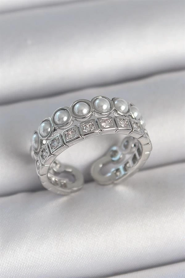 Pirinç Gümüş Renk 2Li Sıra Zirkon Taşlı Ve İncili Ayarlanabilir Kadın Yüzük