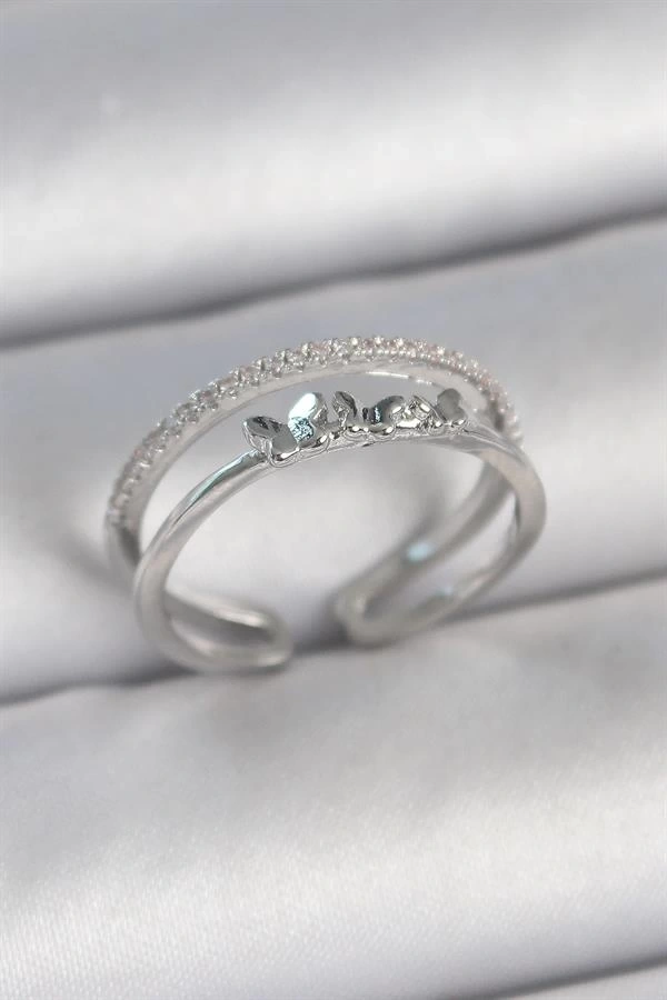 Pirinç Gümüş Renk 2Li Zirkon Taş Detaylı Kelebek Figür Ayarlanabilir Model Kadın Yüzük