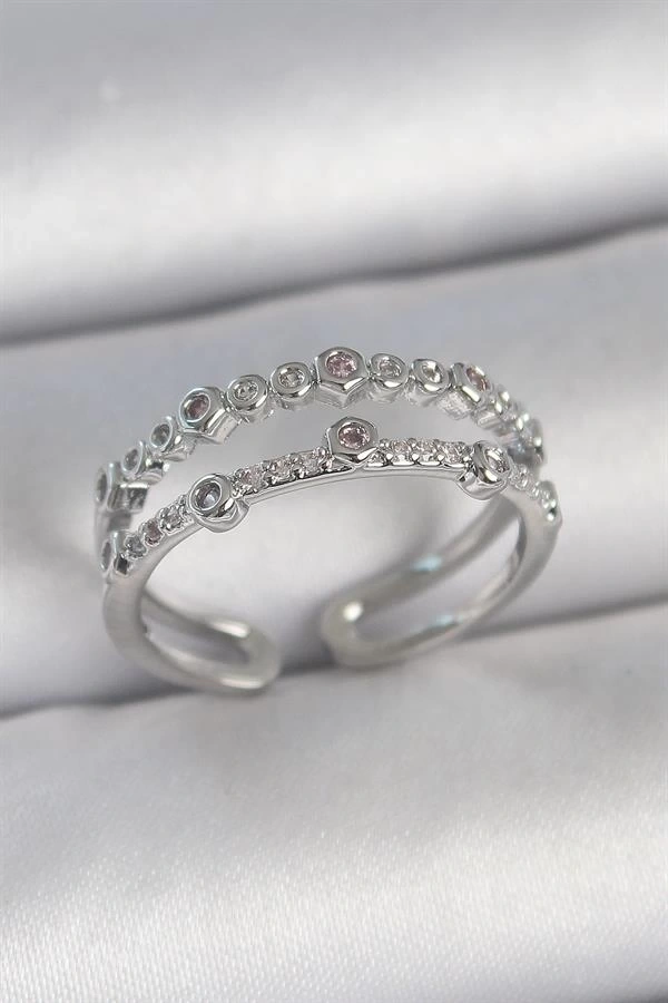 Pirinç Gümüş Renk 2Li Zirkon Taşlı Ayarlanabilir Model Kadın Yüzük