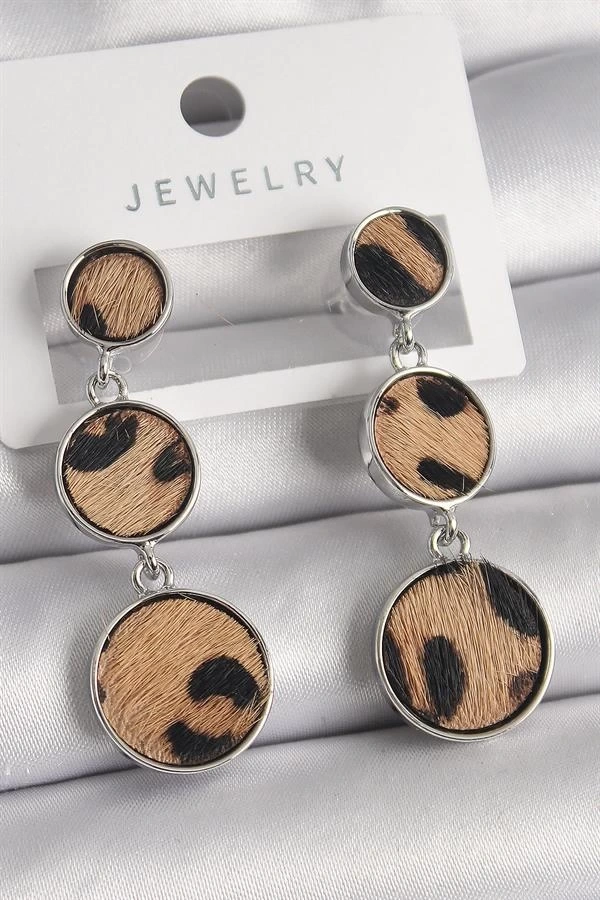 Pirinç Gümüş Renk 3Lü Daire Plaka Leopar Desenli Kadın Küpe