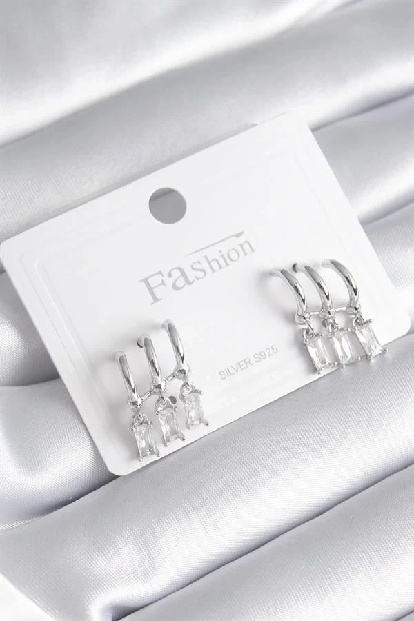 Pirinç Gümüş Renk 3lü Sallantı Zirkon Taşlı Küpe