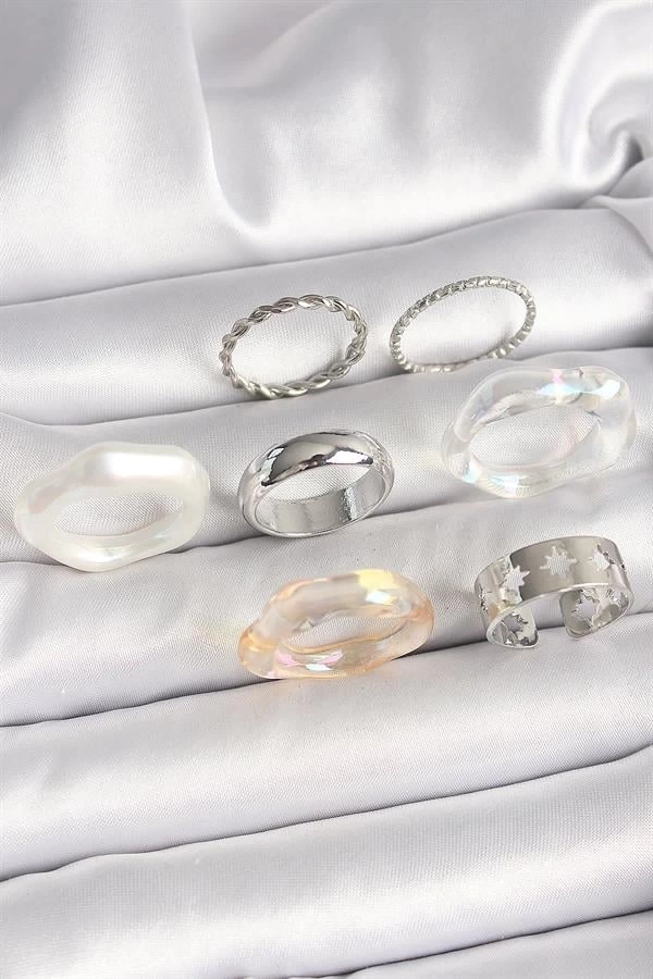 Pirinç Gümüş Renk Beyaz Akrilik Plastik Model Kutup Yıldız İşleme Detaylı Kadın Yüzük Kombini