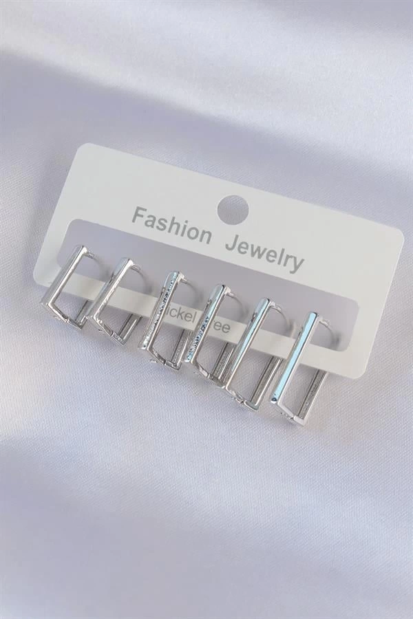 Pirinç Gümüş Renk Dikdörtgen Model Küpe Seti