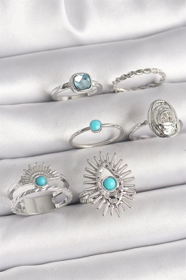 Pirinç Gümüş Renk Mavi Taşlı Kare Zirkon Taş Detaylı Kadın Yüzük Kombini