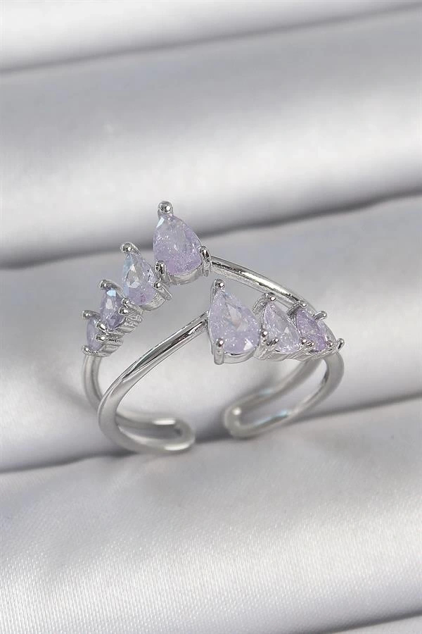 Pirinç Gümüş Renk Mor Damla Zirkon Taşlı Taç Model Kadın Yüzük