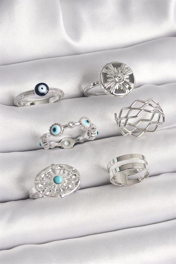 Pirinç Gümüş Renk Nazar Boncuk Zirkon Taş Detaylı Dalga Figür Kadın Yüzük Kombini