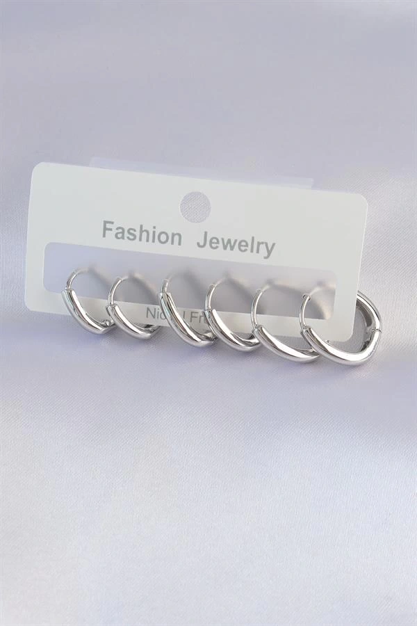 Pirinç Gümüş Renk Oval Küpe Seti