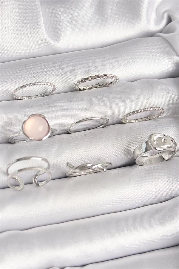 Pirinç Gümüş Renk Pembe Mineli Kemer Düğüm Figür Kadın Yüzük Kombini