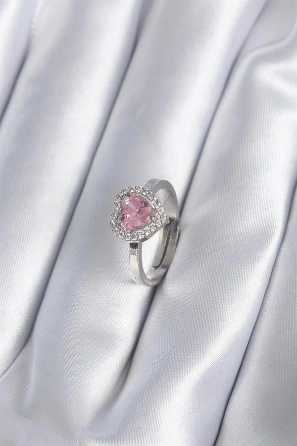 Pirinç Gümüş Renk Pembe Zirkon Taşlı Charm Model Kadın Yüzük