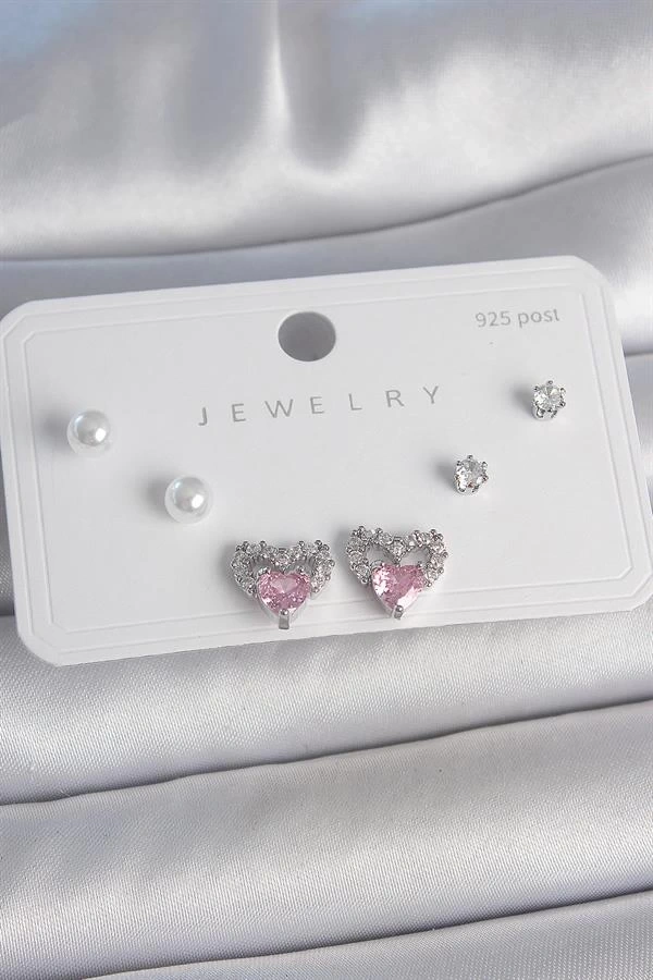 Pirinç Gümüş Renk Pembe Zirkon Taşlı Kalp Model İnci Detay 925 Ayar Gümüş Çivi Kadın Küpe Seti