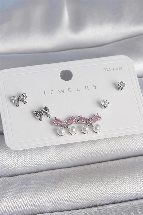 Pirinç Gümüş Renk Pembe Zirkon Taşlı Kurdele Model İnci Detay 925 Ayar Gümüş Çivi Kadın Küpe Seti