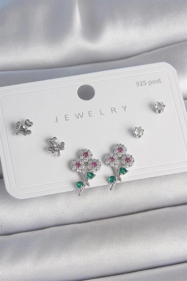Pirinç Gümüş Renk Renkli Zirkon Taşlı Çiçek Model Yaprak Detay 925 Ayar Gümüş Çivi Kadın Küpe Seti