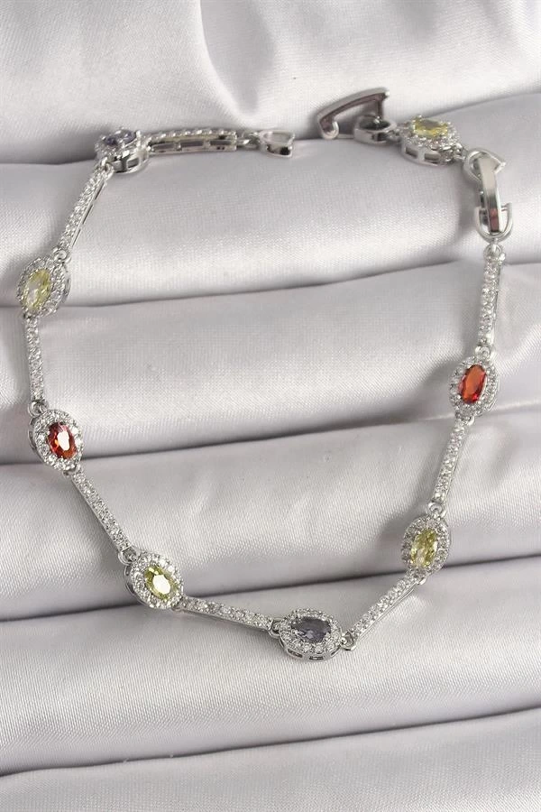 Pirinç Gümüş Renk Renkli Zirkon Taşlı Damla Taş Model Kadın Bileklik