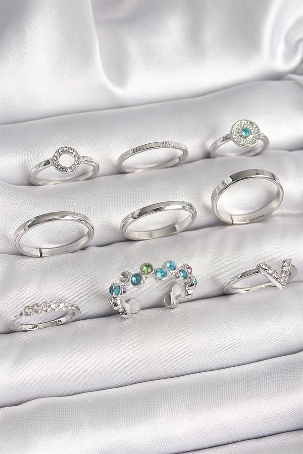 Pirinç Gümüş Renk Renkli Zirkon Taşlı Kadın Yüzük Kombini