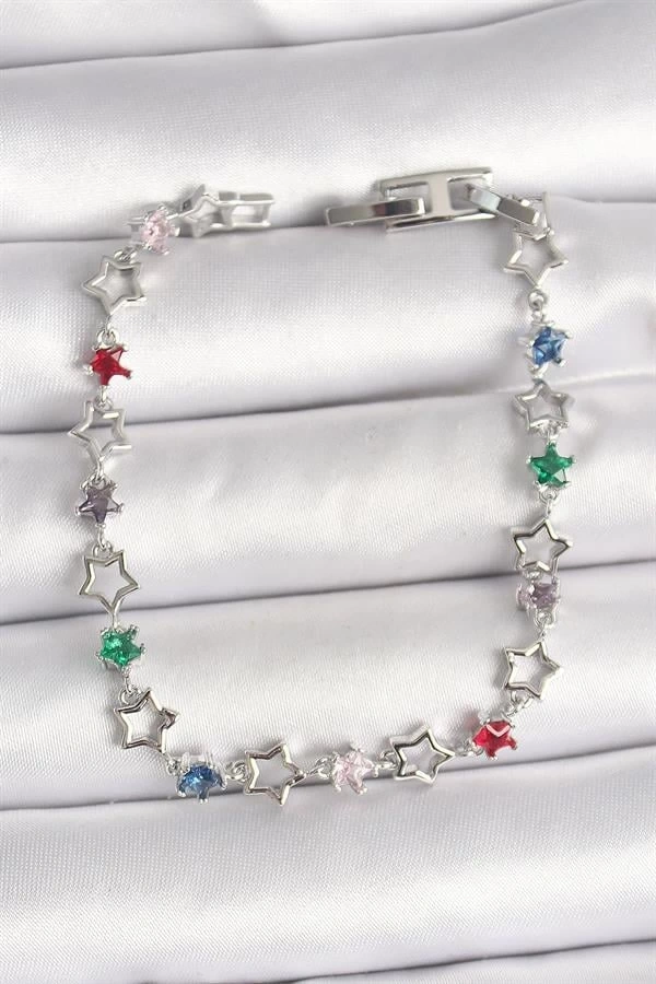 Pirinç Gümüş Renk Renkli Zirkon Taşlı Yıldız Model Kadın Bileklik