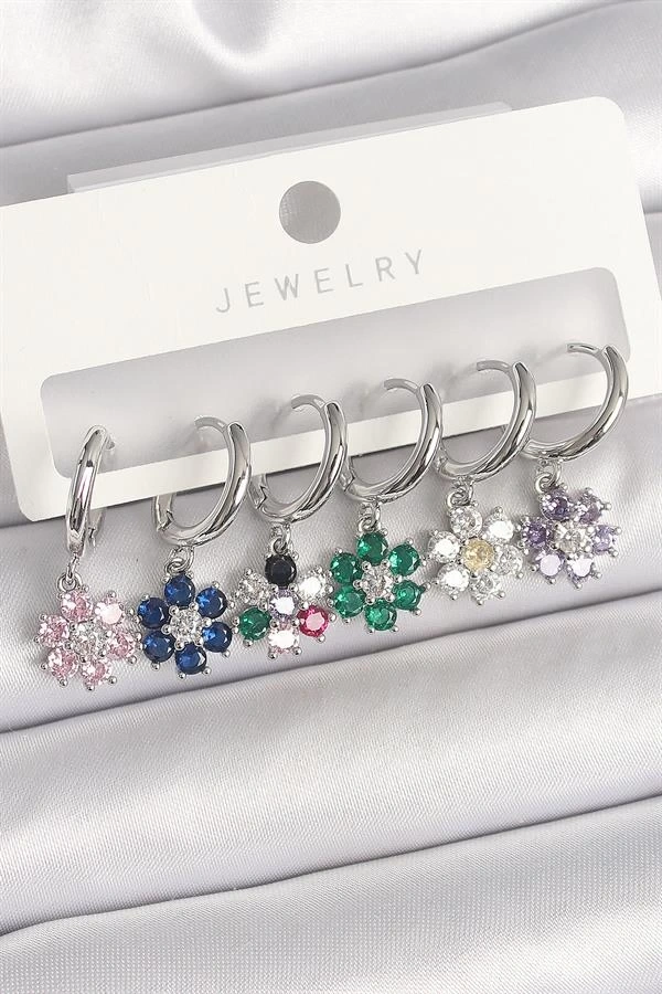 Pirinç Gümüş Renk Sallantı Renkli Zirkon Taşlı Çiçek Model Kadın Küpe Seti