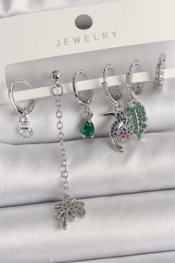 Pirinç Gümüş Renk Sallantı Zirkon Taşlı Ağaç Figür Çoklu Kadın Küpe Seti
