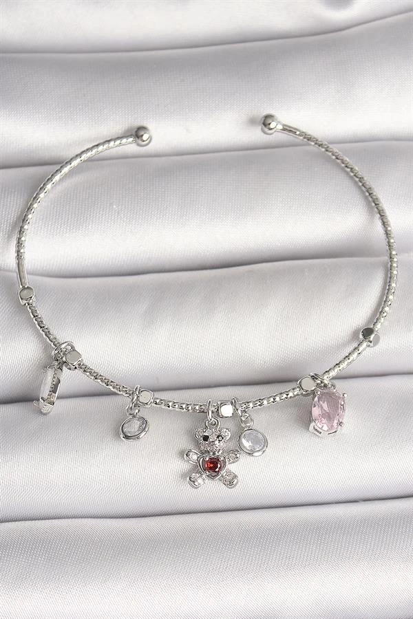 Pirinç Gümüş Renk Sallantı Zirkon Taşlı Ayıcık Figür Kırmızı Taş Detay Charm Kadın Bileklik