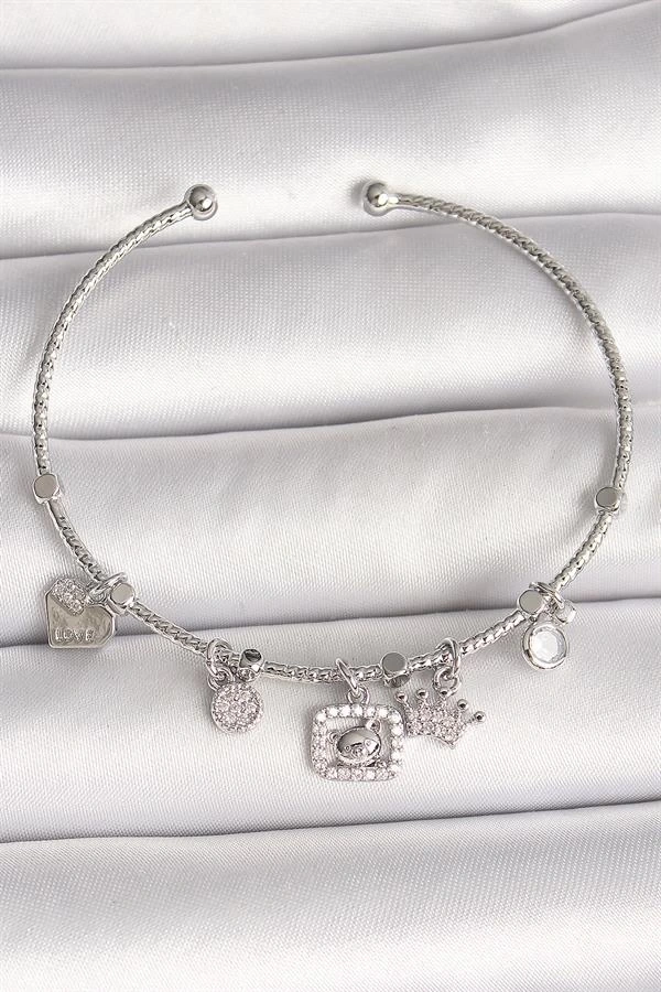 Pirinç Gümüş Renk Sallantı Zirkon Taşlı Ayıcık Figür Taç Detay Charm Kadın Bileklik