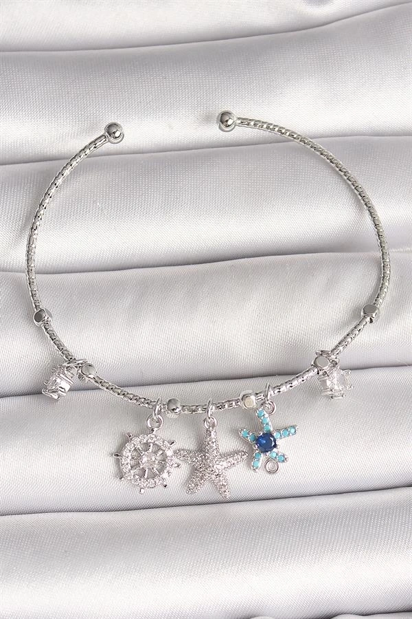 Pirinç Gümüş Renk Sallantı Zirkon Taşlı Deniz Yıldız Figür Charm Kadın Bileklik