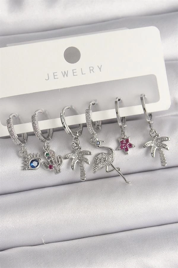 Pirinç Gümüş Renk Sallantı Zirkon Taşlı Deve Kuşu Figür Çoklu Kadın Küpe Seti