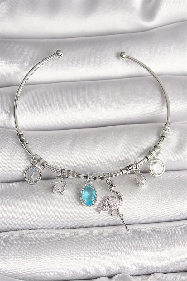 Pirinç Gümüş Renk Sallantı Zirkon Taşlı Filaminga Figür Charm Kadın Bileklik