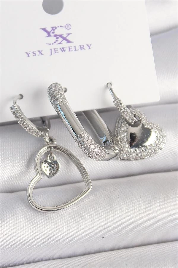 Pirinç Gümüş Renk Sallantı Zirkon Taşlı Kalp Model 3Lü Kadın Kombin Küpe