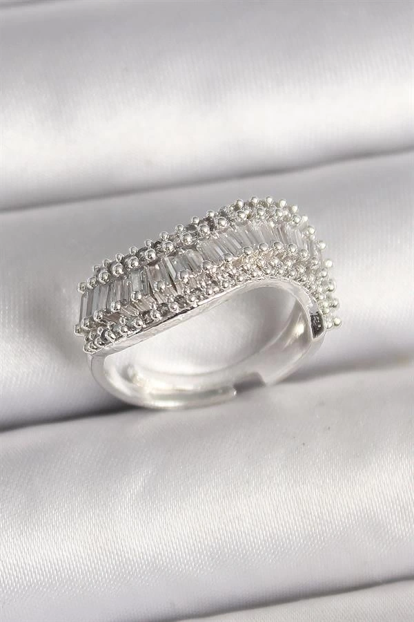 Pirinç Gümüş Renk Su Yolu Zirkon Dalga Model Ayarlanabilir Kadın Yüzük