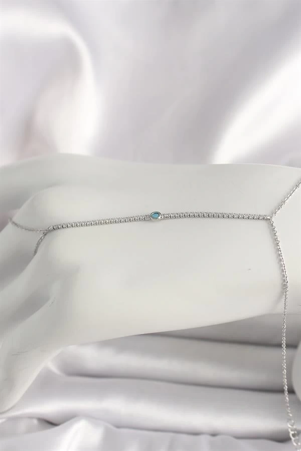 Pirinç Gümüş Renk Su Yolu Zirkon Taşlı Mavi Taş Detaylı Kadın Şahmeran