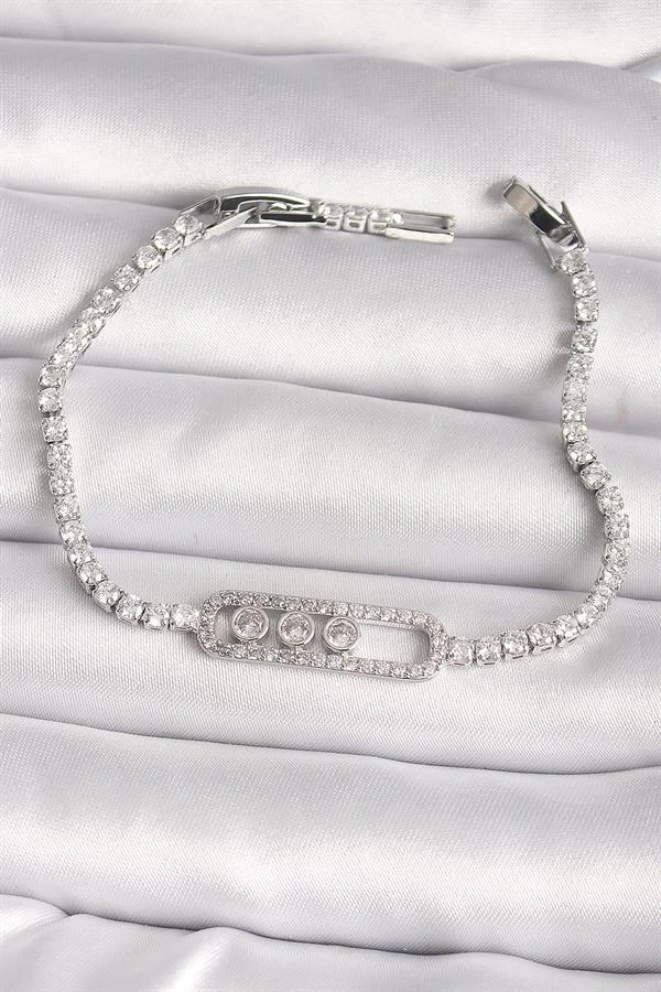 Pirinç Gümüş Renk Su Yolu Zirkon Taşlı Messika Model Kadın Bileklik