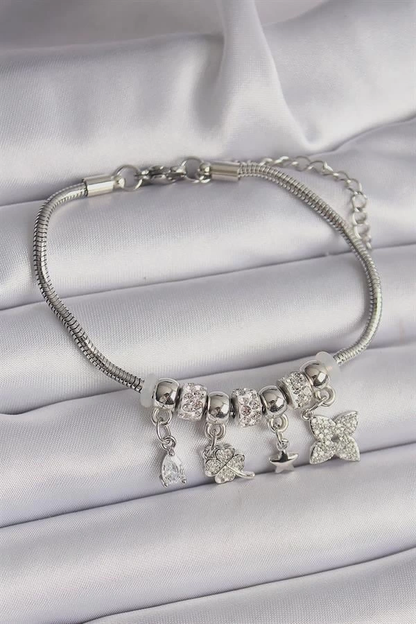 Pirinç Gümüş Renk Zincir Sallantı Zirkon Taşlı Yonca Figür Charm Bileklik