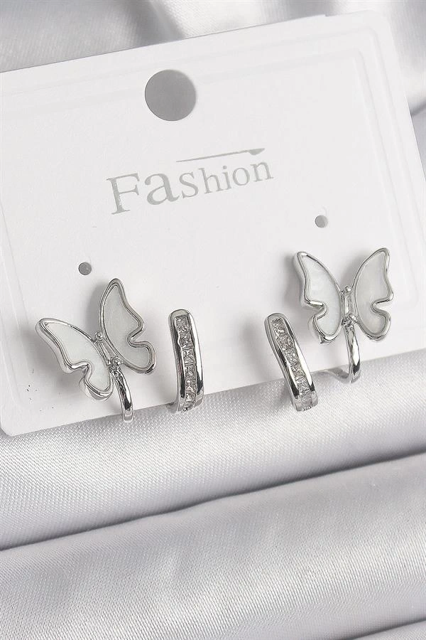 Pirinç Gümüş Renk Zirkon Taş Detaylı Beyaz Sedefli Kelebek Model Kadın Küpe