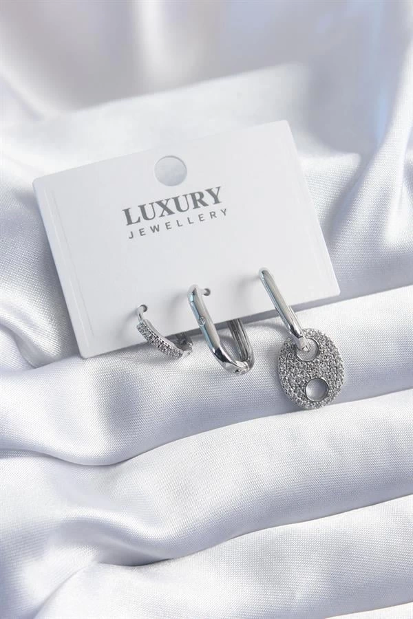 Pirinç Gümüş Renk Zirkon Taşlı 3lü Kadın Küpe Seti