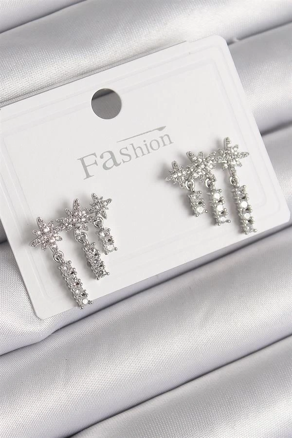 Pirinç Gümüş Renk Zirkon Taşlı 3Lü Sallantı Yıldız Model Kadın Küpe