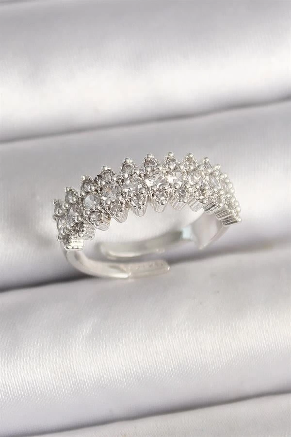 Pirinç Gümüş Renk Zirkon Taşlı Ayarlanabilir Kadın Yüzük