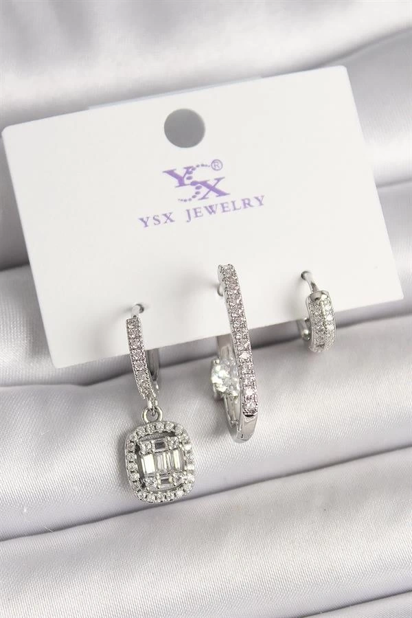 Pirinç Gümüş Renk Zirkon Taşlı Baget Halka Model 3Lü Kadın Kombin Küpe