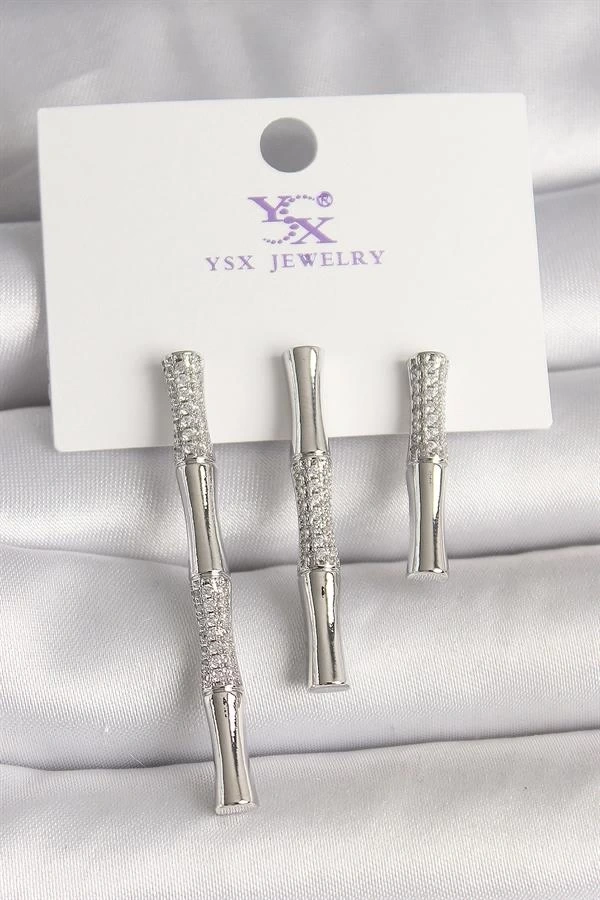 Pirinç Gümüş Renk Zirkon Taşlı Bambu Model 3Lü Kadın Kombin Küpe